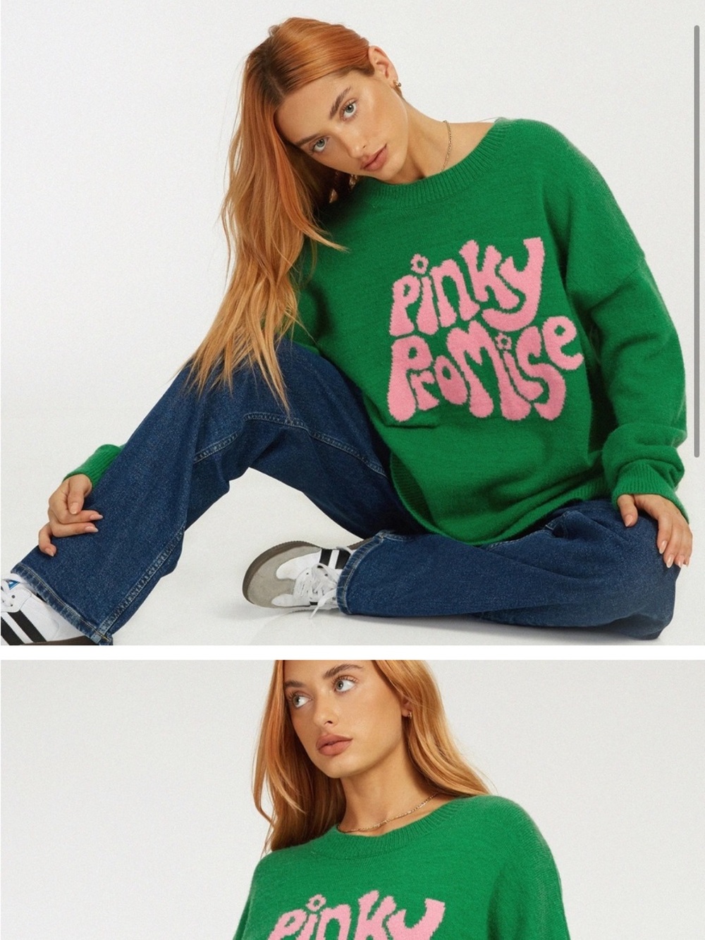 Motel Rocks Green Sweater with Pink "Pinky Promise" Graphic